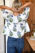 Load image into Gallery viewer, Puff Isla Top - Blue Clematis Flowers + Midnight Embroidery - PARK STORY
