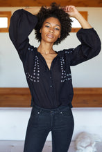 Load image into Gallery viewer, Bardot Top in Embroidered Black Organic - PARK STORY