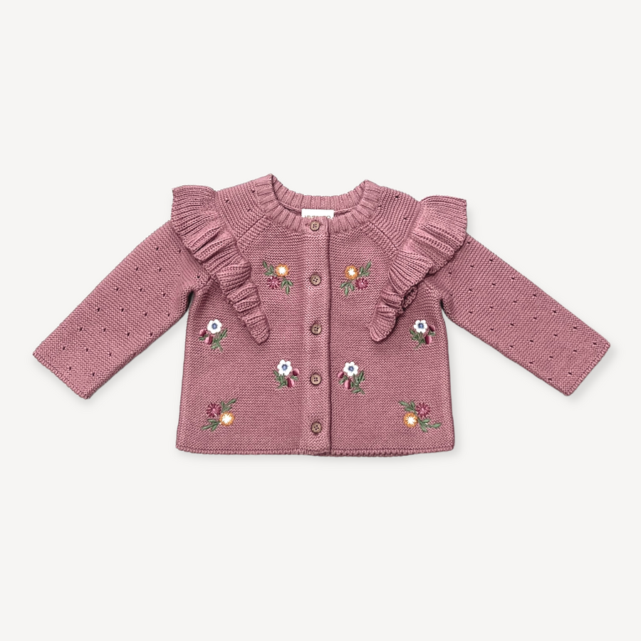 Floral Embroidered Ruffle Chunky Knit Baby Cardigan - Organic