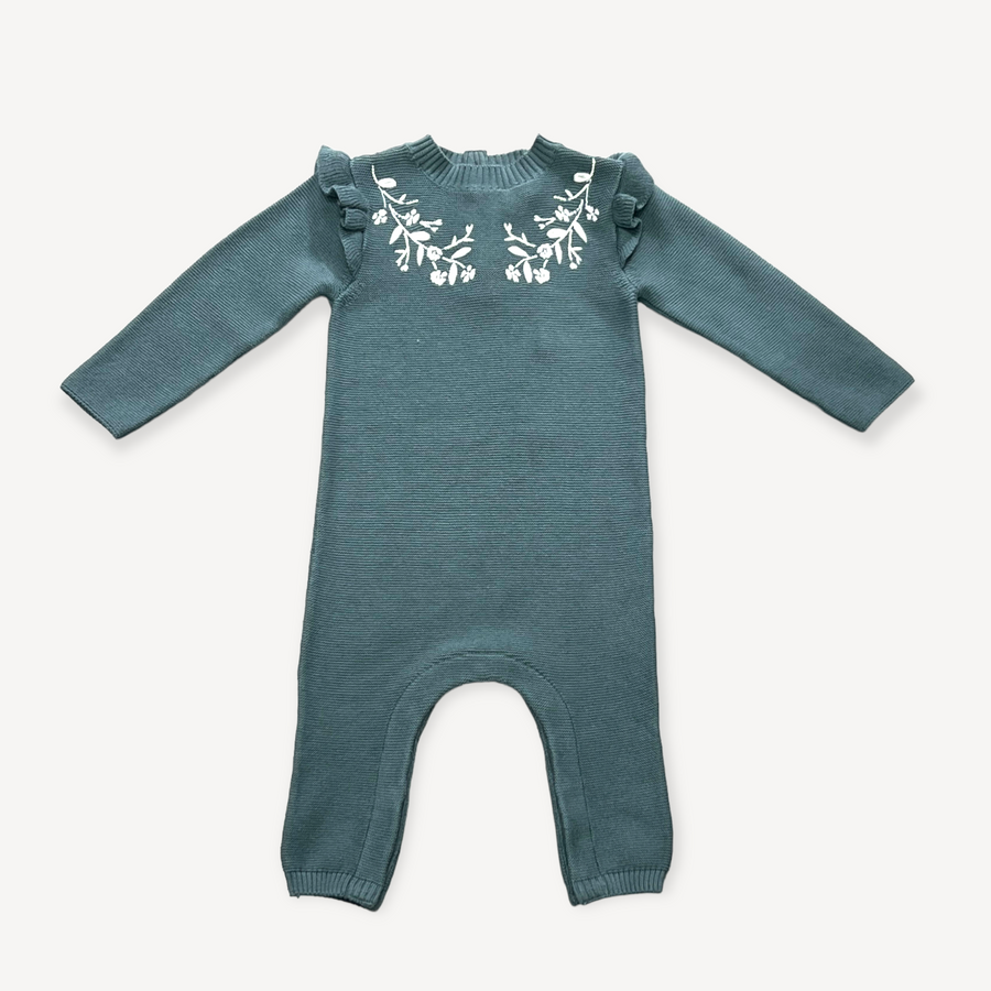 Floral Embroidered Ruffle Baby Knit Jumpsuit (Organic)