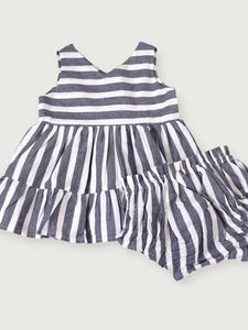 Lina Blue Stripe 2 Tier Baby Dress + Bloomer (Organic) - PARK STORY