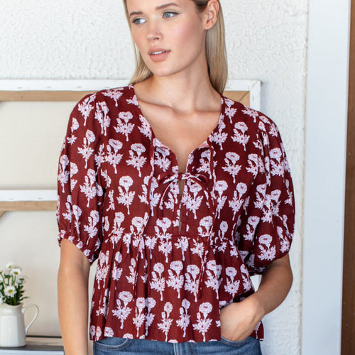Bastian Top - Pressed Marigolds Rouge Linen - PARK STORY