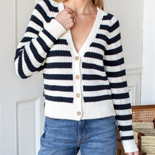 Load image into Gallery viewer, LOW V NECK CARDIGAN - Navy French Stripe Organic - PARK STORY
