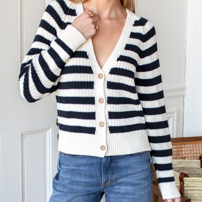 LOW V NECK CARDIGAN - Navy French Stripe Organic - PARK STORY