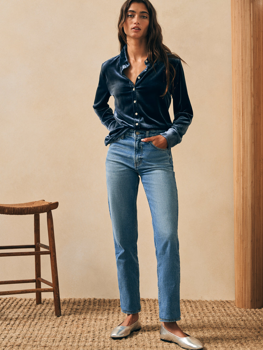 Stretch Silk Velvet Genevieve Shirt in Navy - PARK STORY