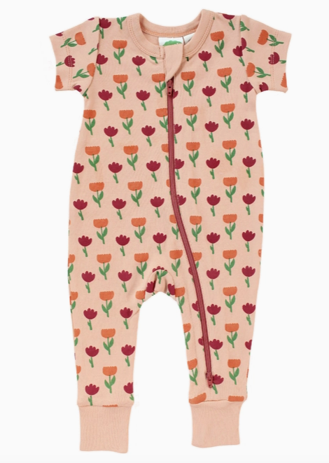 Short Sleeve Zip Romper - Tulips - PARK STORY