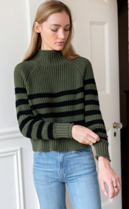 Boxy Funnel Neck Sweater - Army + Black Stripe - PARK STORY