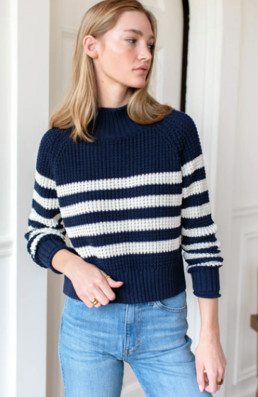 Boxy Funnel Neck Sweater - Navy + Ivory Stripe - PARK STORY