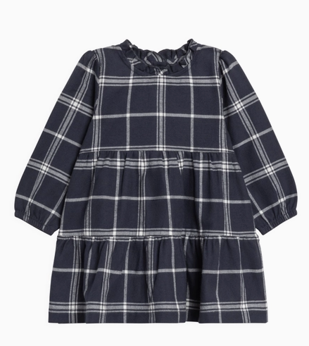 Neela Flannel Ruffle Neckline Dress - Navy Plaid - PARK STORY