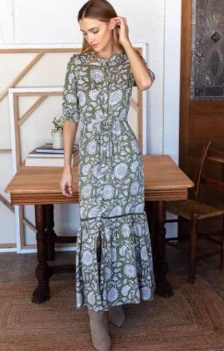 Lucy 4 Short Sleeve Dress - Arles Gothic Olive - PARK STORY