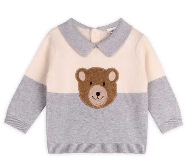 Cuddly Bear Applique Sweater Knit Collar Baby Pullover - PARK STORY