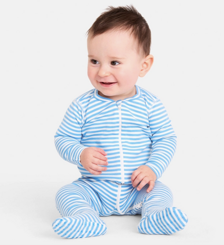 Organic Zip Footie in Cornflower Stripe - PARK STORY