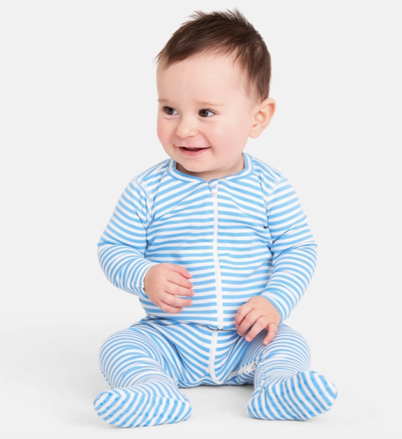 Organic Zip Footie in Cornflower Stripe - PARK STORY