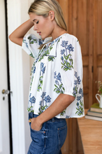Load image into Gallery viewer, Puff Isla Top - Blue Clematis Flowers + Midnight Embroidery - PARK STORY

