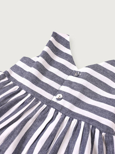 Lina Blue Stripe 2 Tier Baby Dress + Bloomer (Organic) - PARK STORY