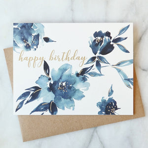 Indigo Floral Happy Birthday Greeting Card