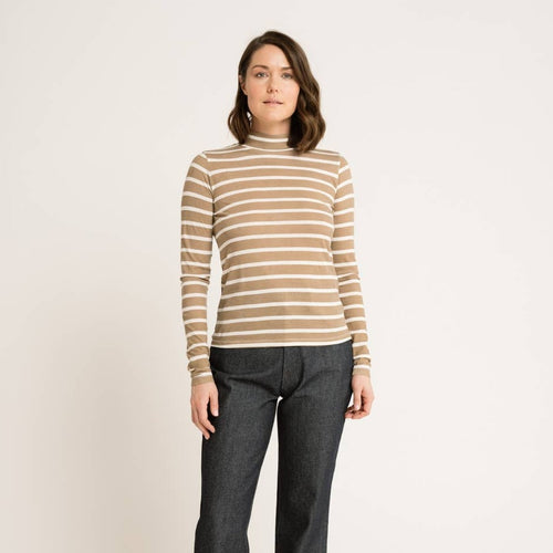 Mock Neck Long Sleeve Tee - Tannin Stripe - PARK STORY