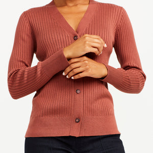 The Mini Ribbed Cardigan, Cocoa Red
