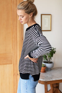 Carolyn Sweater in Ivory Stripe, Black Organic