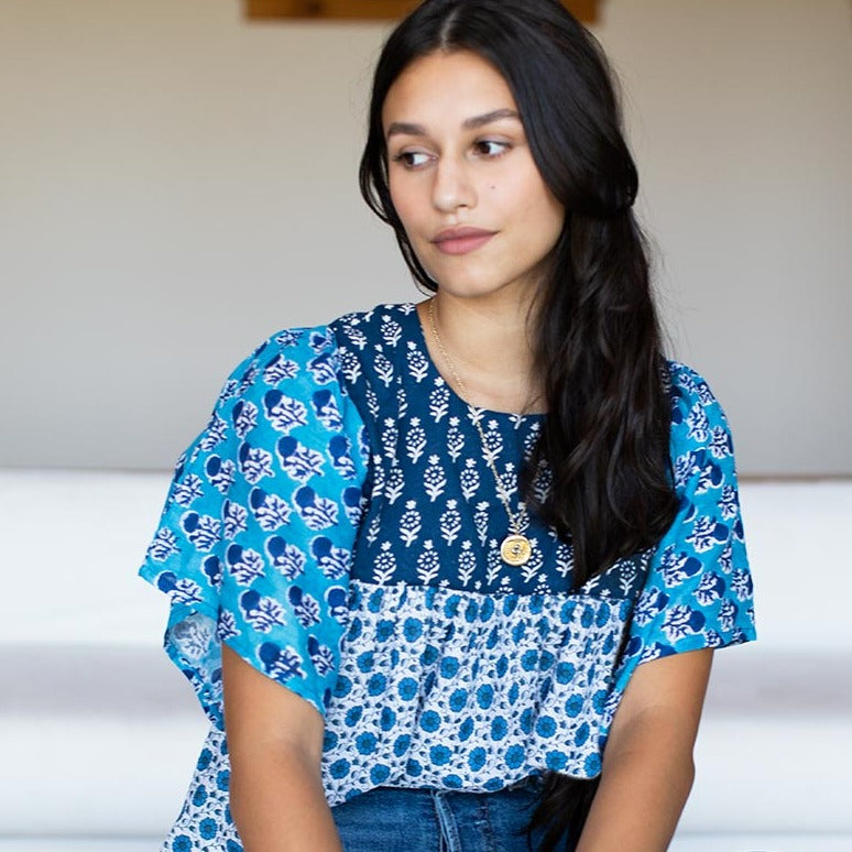 Basalie Top in Patchwork Blues - PARK STORY