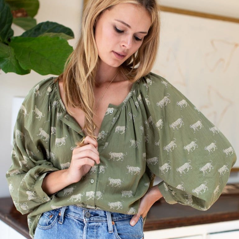 Frances Blouse in Olive Cheetah - PARK STORY