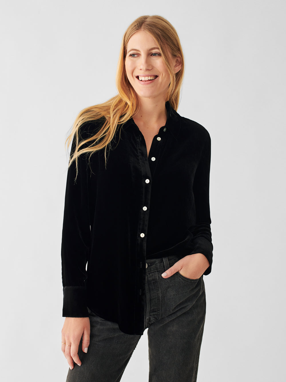 Stretch Silk Velvet Genevieve Top in  Black - PARK STORY