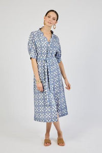 Midi Dress in Blue Tile Print (Size Small) - PARK STORY