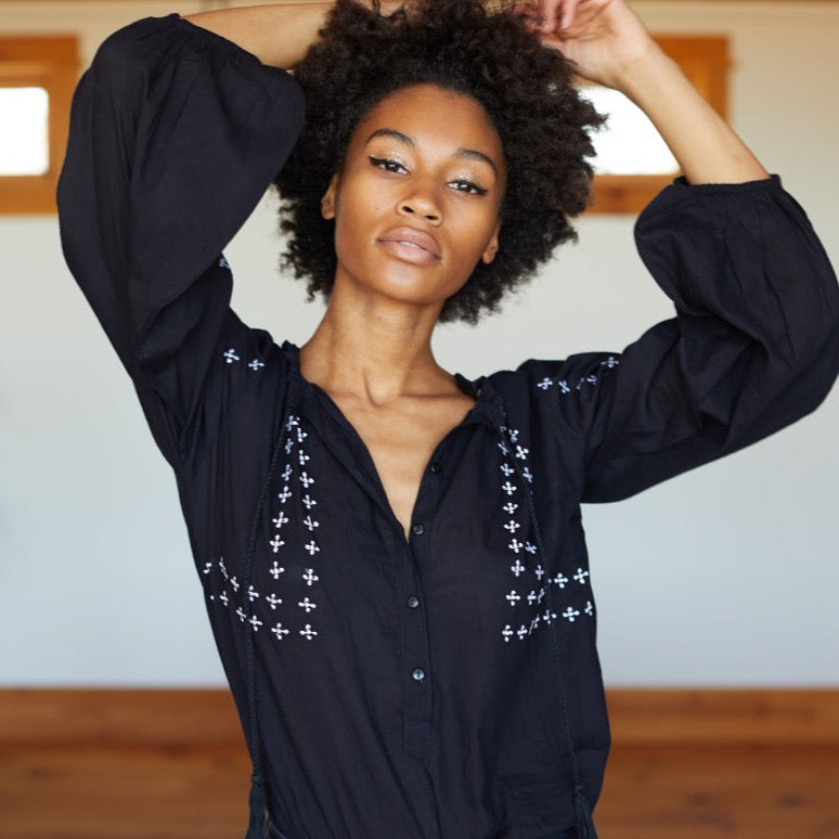 Bardot Top in Embroidered Black Organic
