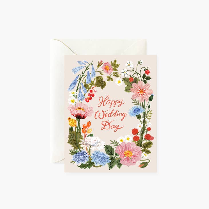 Happy Wedding Day Floral Wreath Greeting Card