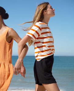Sarita-Sue Organic Cotton Stripe T-shirt In White & Sunset Orange Stripe